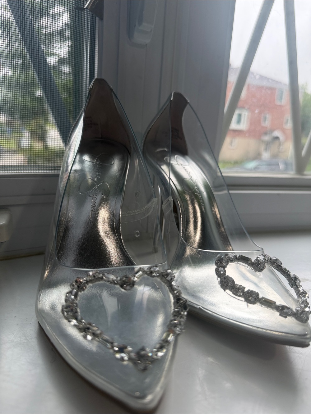 Jessica Simpson Silver Clear Pointed-Toe Pumps with Crystal Heart Accent